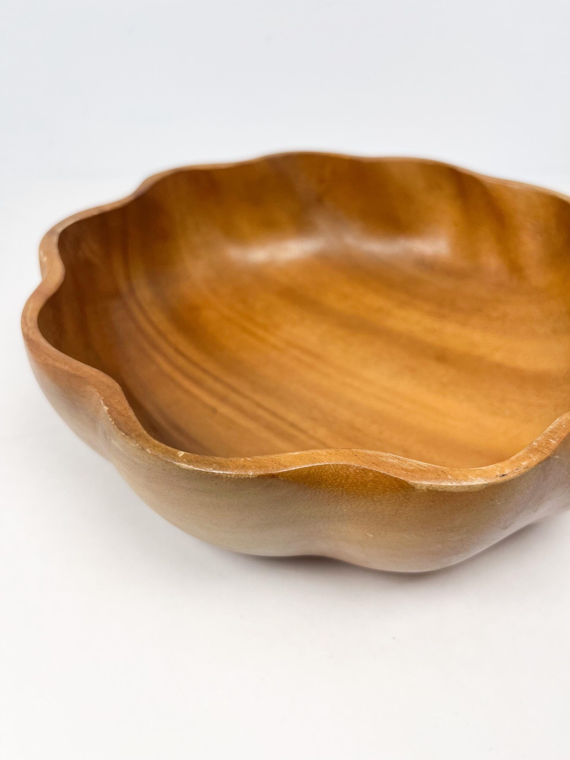 Hand made scalloped vintage woodenware bowl set - large salad bowl and two serving bowls