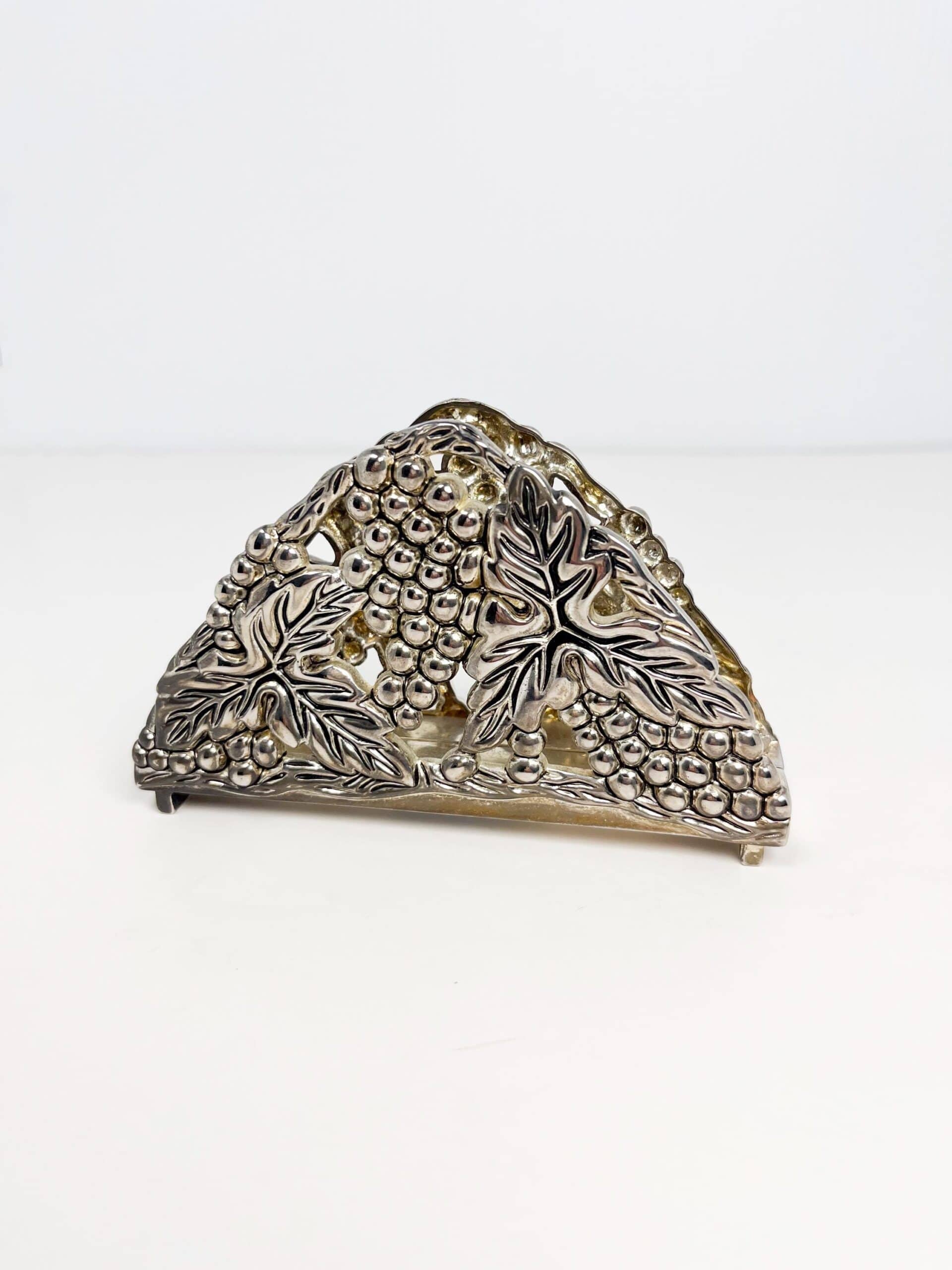 Vintage silver plated napkin holder with grapes and vines by Karshi
