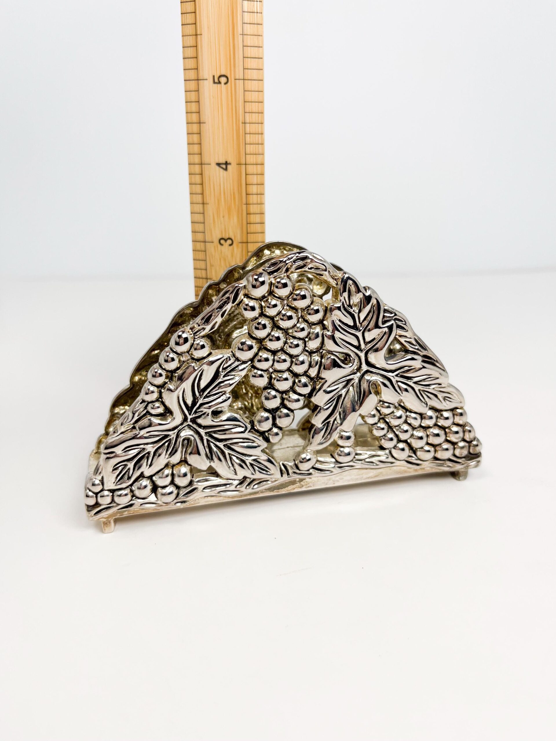 Vintage silver plated napkin holder with grapes and vines by Karshi