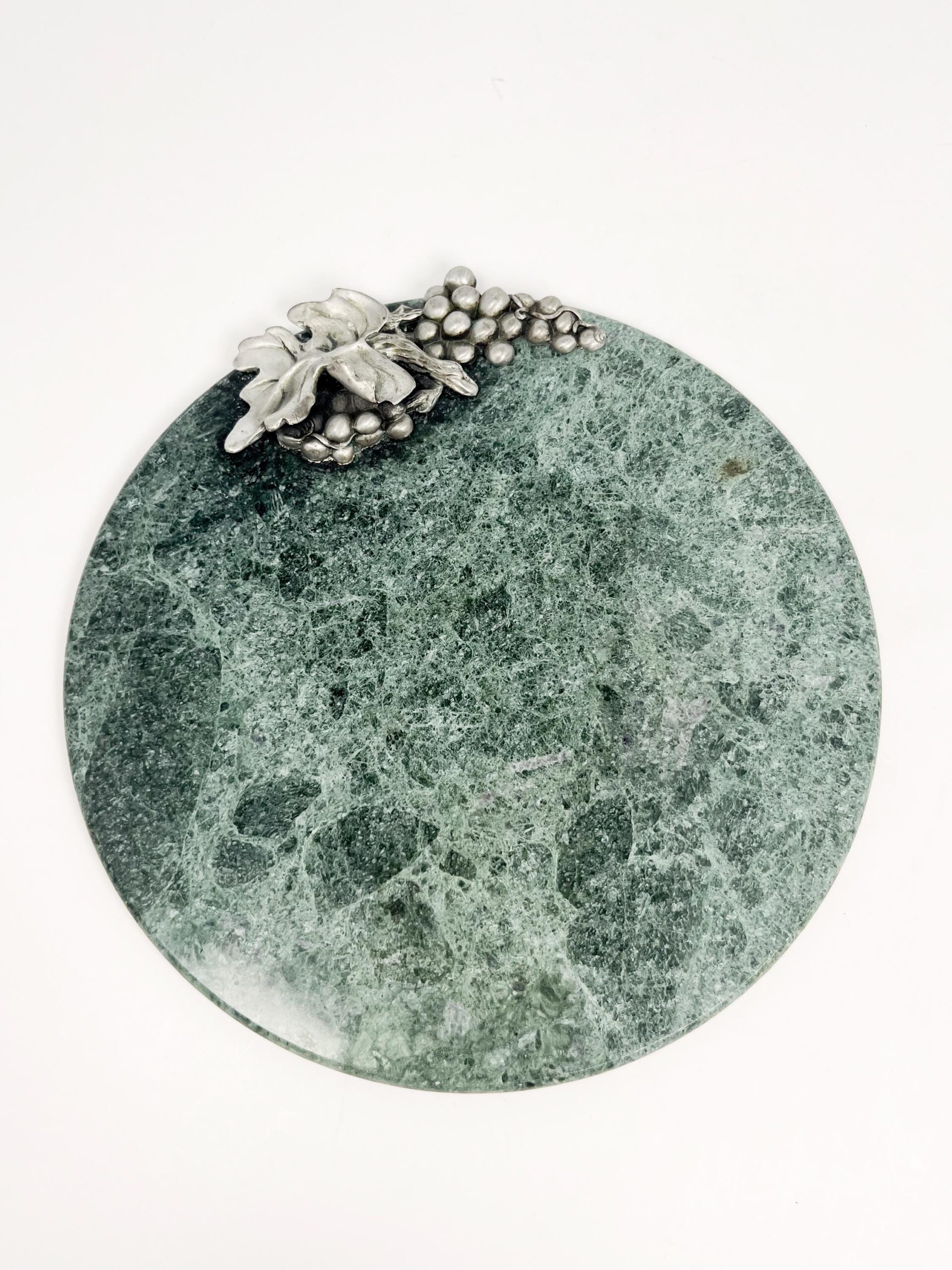 Vintage green 8" marble tray with pewter grapes motif - by Seagull