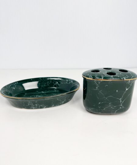 Vintage dark green matching toothbrush and soap dish - marble pattern, by Libbey