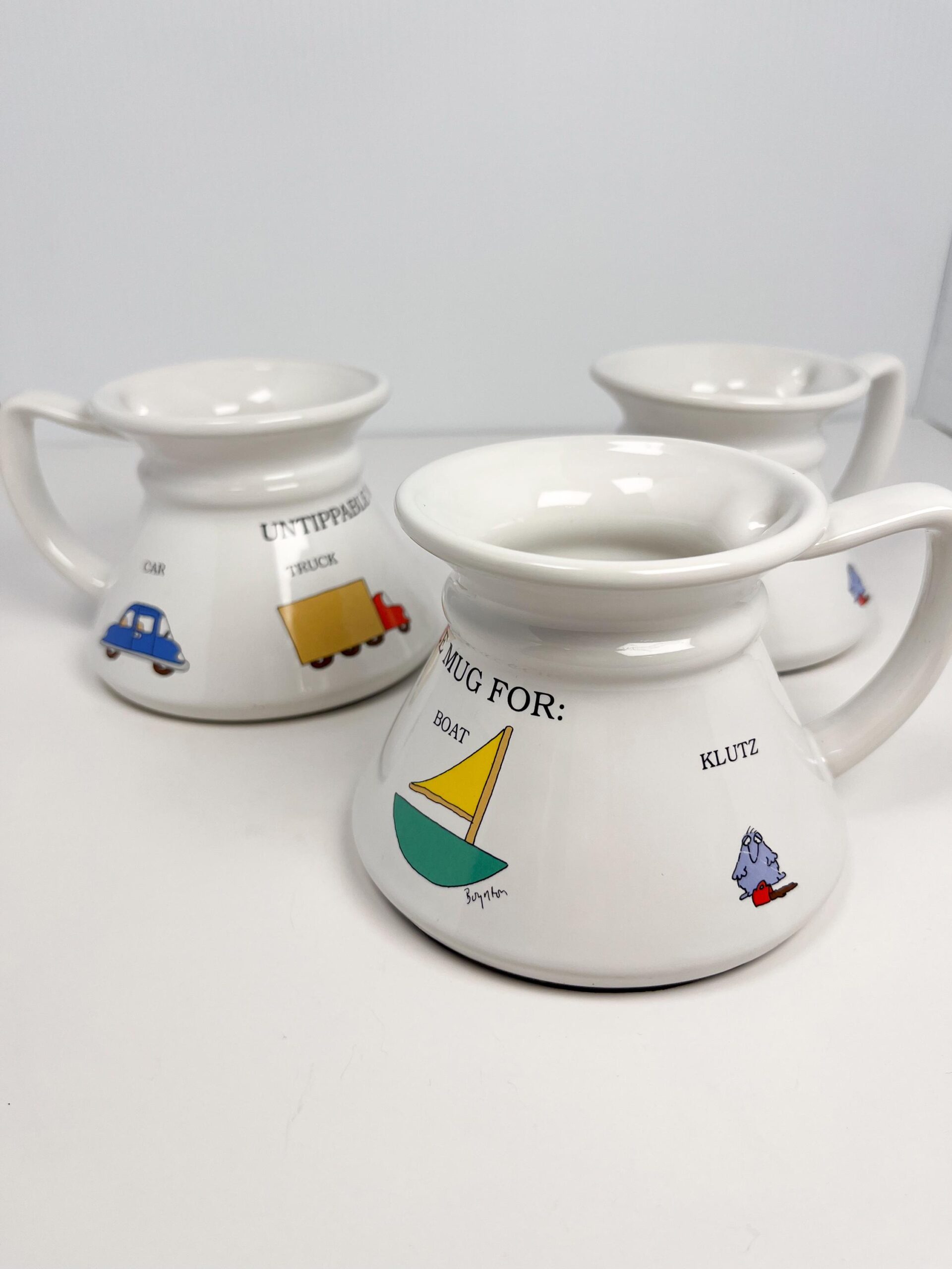 Vintage Untippable Mugs for Car, Trucks, Boat, and Klutz - no slip bottom - Sandra Boynton