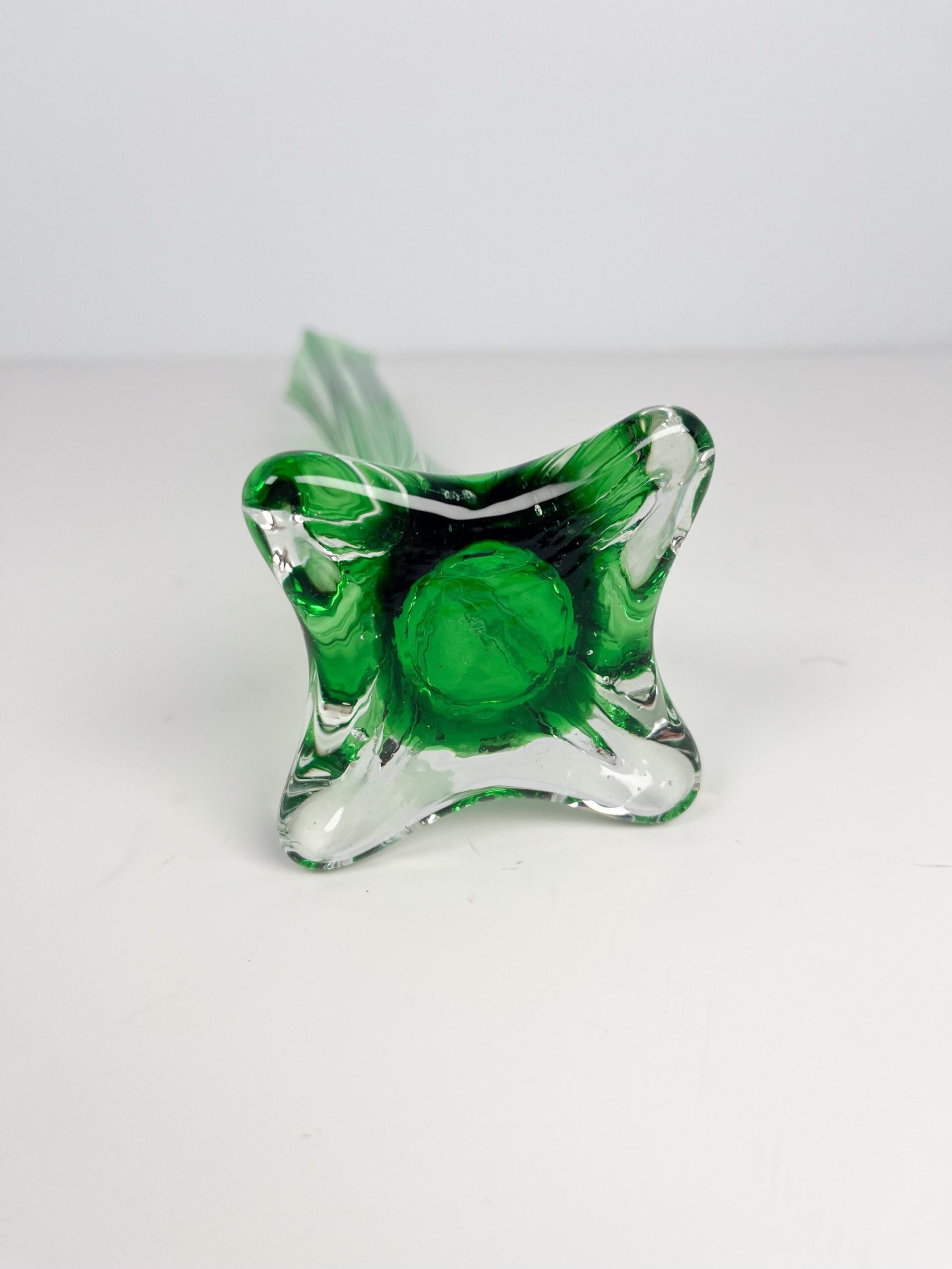 Vintage MCM emerald green art glass bud vase - twisted glass, footed