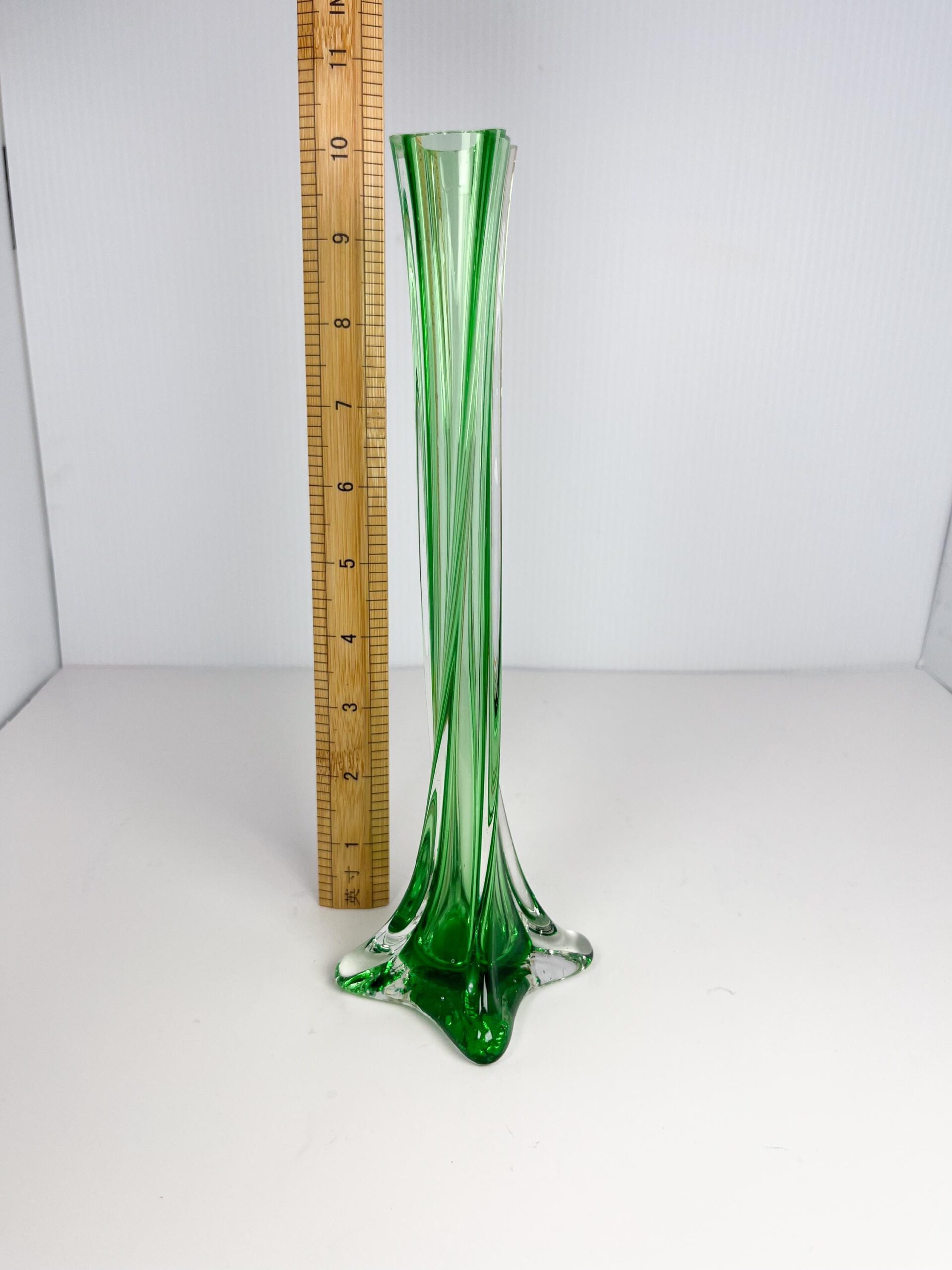 Vintage MCM emerald green art glass bud vase - twisted glass, footed